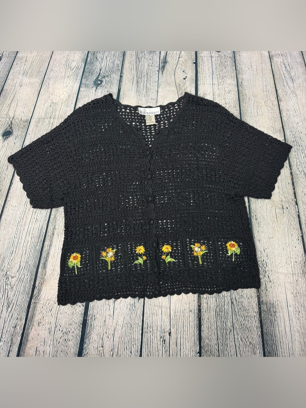 Vtg 90s dressbarn Black Crochet Button-Front Cardigan w/ Sunflower Embroidery 10